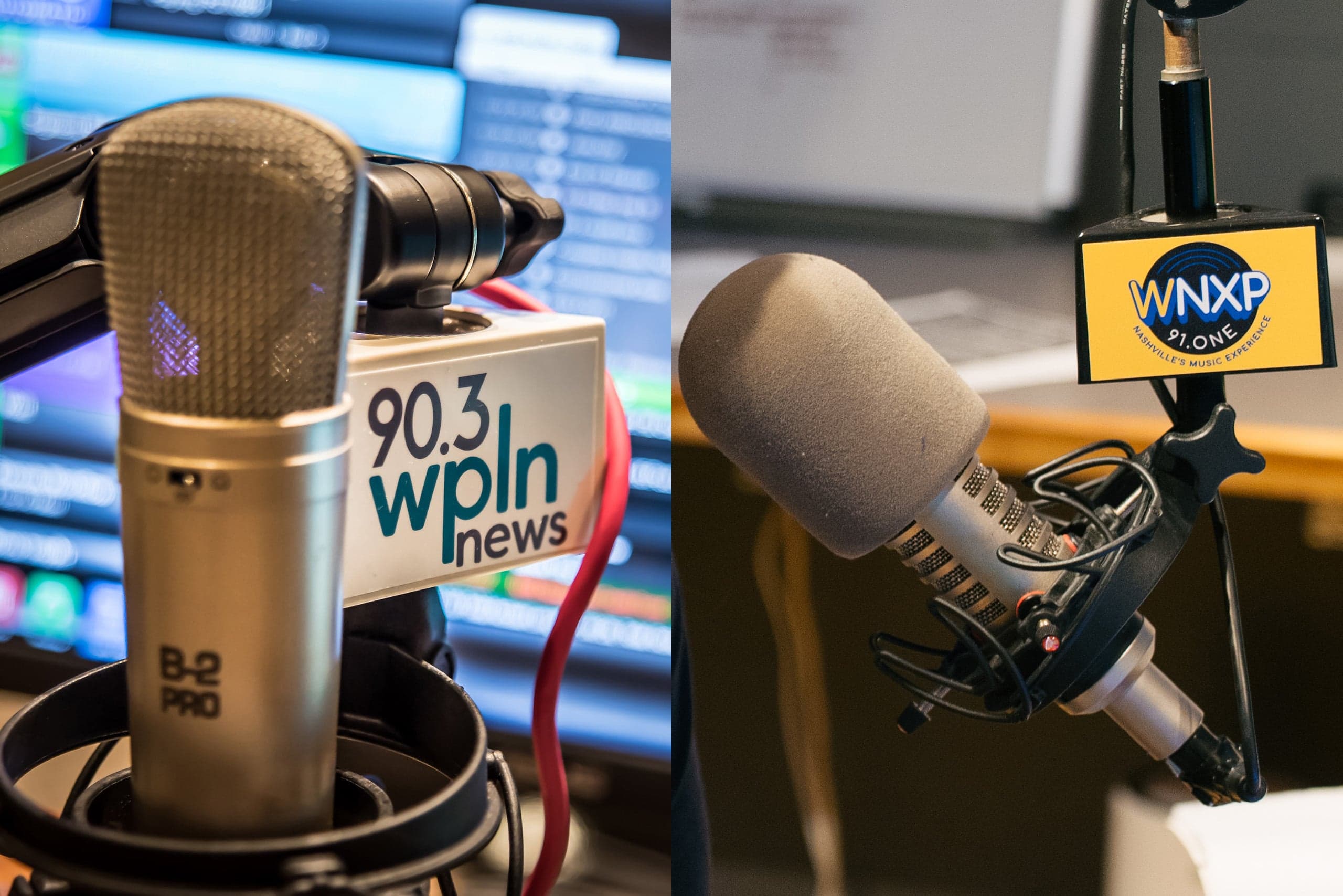 Two close-up views of microphones in radio studios, one labeled “90.3 WPLN News,” the other “WNXP 91.1 FM,” showing broadcast equipment and blurred backgrounds.